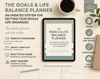 The Goals & Life Balance Planner PDF | 6 Themes | Undated | Clickable Navigation | GoodNotes Any Device
