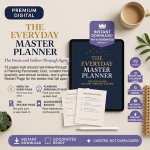 May include: A digital planner titled The Everyday Master Planner displayed on a tablet screen, accompanied by printed pages showing a Restart Page and a weekly review. The planner features 72 pages, a planning personality quiz, and achievement badges.