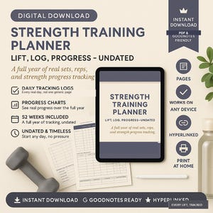 以下が含まれることがあります： タブレット画面に表示されたデジタル筋力トレーニングプランナー。Strength Training Planner, Lift, Log, Progress - Undatedというテキストが記載されています。このプランナーには、毎日のトラッキングログ、進捗チャート、および日付のない52週間分のページが含まれています。