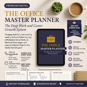Może przedstawiać: Cyfrowy planer zatytułowany The Office Master Planner: The Deep Work and Career Growth System wyświetlony na ekranie tabletu. Planer zawiera 78 stron, dziennik połączeń i działań następczych, bank skryptów oraz stronę restartu.