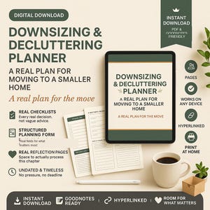 May include: A digital downsizing and decluttering planner for moving to a smaller home, displayed on a tablet screen and printed pages. The design features dark green and cream colors with text including Real Checklists and Structured Planning Form.
