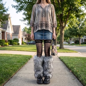 May include: A beige and brown patterned long-sleeve blouse with a button-up neckline, a blue denim mini skirt, black sheer lace-trimmed thigh-high stockings, grey faux fur leg warmers, black platform shoes, and a small patterned handbag.