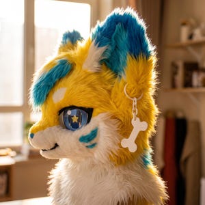 May include: A plush animal head mask featuring bright yellow and teal faux fur. The mask has large blue eyes with a star-shaped pupil, a white muzzle, and a white bone-shaped charm hanging from a ring attached to the left ear of the mask.