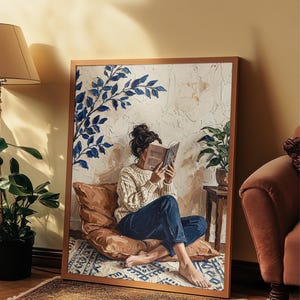 May include: A framed painting depicting a person with dark hair in a bun, wearing a cream cable-knit sweater and dark blue jeans, sitting on a brown floor cushion while reading a book. The scene includes a blue leafy branch and a potted plant.