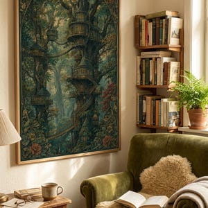 May include: A large rectangular framed wall art print depicting a dense forest scene with multiple interconnected treehouses built into tall trees, featuring winding staircases, rope bridges, and dark green, brown, and muted floral color tones.