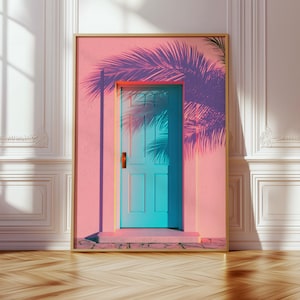 Turquoise Door Shadow Poster, Pink Palm Entry Wall Art, Tropical Printable Decor