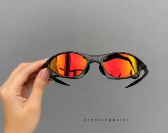 Retro Oakley Penny X-Metal Polarized Sunglasses: Grey Frame, Red Lens Y2K Style 133 mm