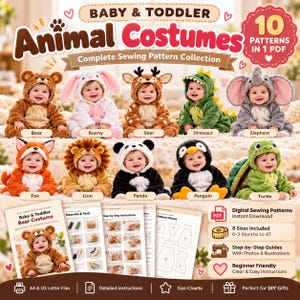 May include: A digital sewing pattern collection for baby and toddler animal costumes, featuring 10 designs including a bear, bunny, deer, dinosaur, elephant, fox, lion, panda, penguin, and turtle. Includes PDF files, 8 sizes from 0-3 months to 4T.