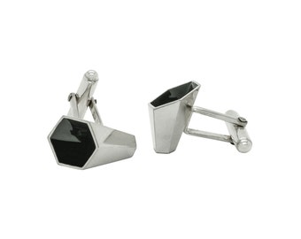 Sterling silver Geometric Cuff-links with black  enamel, medium size, For Him and For Her Stylish Designer Cufflinks Bold yet Minimalist