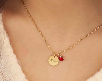 Colar personalizado com nome e pedra de nascimento, pingente de identificação em aço inoxidável com gravação personalizada.