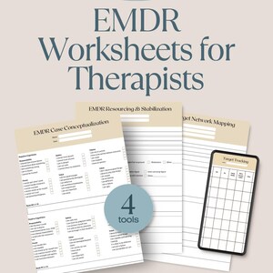 May include: A collection of EMDR therapy worksheets featuring titles such as EMDR Case Conceptualization, EMDR Resourcing & Stabilization, and Target Network Mapping. A circular blue badge displays the text 4 tools. The top text reads Feelings Forward EMDR Worksheets for Therapists.