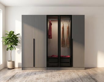 5-Door Gray Wardrobe Minimalist Glass Panels, Large Bedroom Armoire, Charcoal Gray Clothing Organizer, Elegant Storage Unit with Shelves