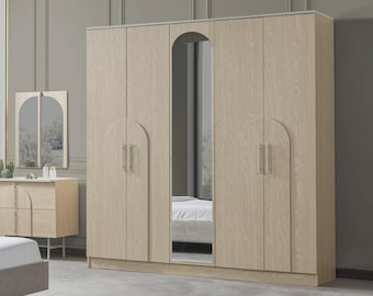 Mirrored Wardrobe with 5 Doors, Sandstone Beige Modern Closet Organizer, Large Bedroom Armoire, Demountable Wooden Clothing Storage Cabinet