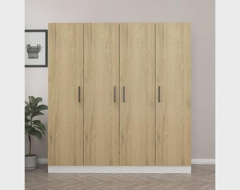 4 Door Wardrobe with Drawers, Modern Walnut Wooden Armoire, Large Bedroom Closet Clothing Organizer, Freestanding Storage Cabinet, Minar
