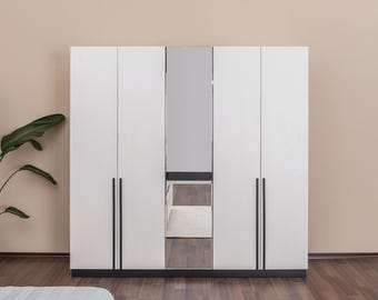 5 Door Mirrored Wardrobe, Large Bedroom Armoire with Full Extension Drawers, Modern Clothes Closet, Flat Pack Melamine Wood Furniture