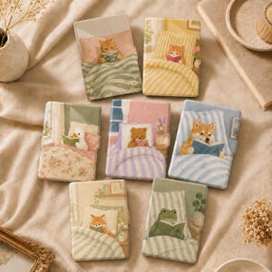 May include: Seven rectangular e-reader cases featuring illustrations of animals reading books in bed. The designs include an orange cat, a duck, a bear, a Shiba Inu, a fox, and a frog, all depicted in cozy bedroom settings with patterned bedding.