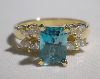 Stunning New 14k Yellow Gold Emerald Cut Natural Blue Zircon Marquise Diamond Side Accents Size 6 December Birthstone Right Hand Ring