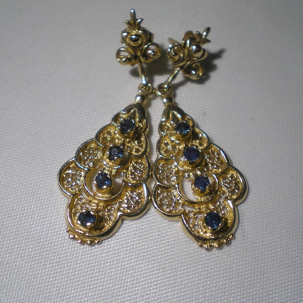 Vintage 14k oro amarillo colgante gota filigrana zafiro azul espinela aretes perforados septiembre bebé agosto bebé aniversario boda regalo idea