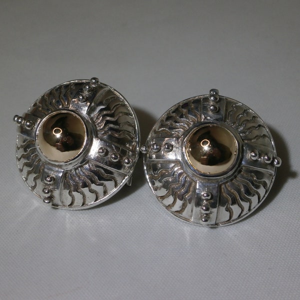 Vintage Estate Sterling Silver 14k Maz Mazza Brothers Button Omega Back Earrings 25 mm Round Office Anniversary Gift Idea