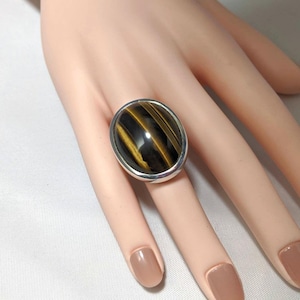 Vintage Estate Sterling Silver Huge Cory Tigers Eye Cabochon Statement Ring Bold Look Size 6.5