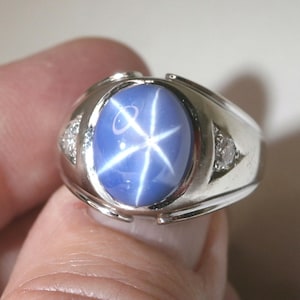 Vintage Estate 14k White Gold Blue Lab Star Sapphire Diamond Mans Pinky Ring Size 8 12.5 Grams September Birthday Anniversary Gift Idea