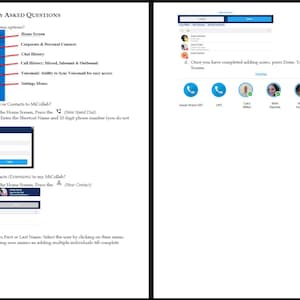 May include: A MiCollab Frequently Asked Questions document featuring instructional text, numbered steps, and screenshots of the software interface. The visuals display a side menu, contact addition dialogue boxes, and a home screen with user icons.