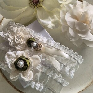 Olive and Tan Rosettes with pearls Wedding Garter Set