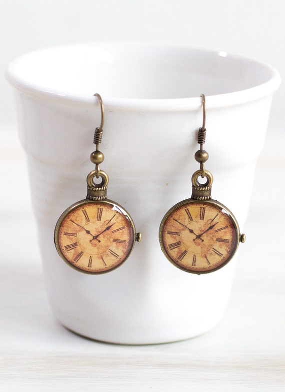 Items similar to World Map Clock Earrings Antique map Earrings Brass