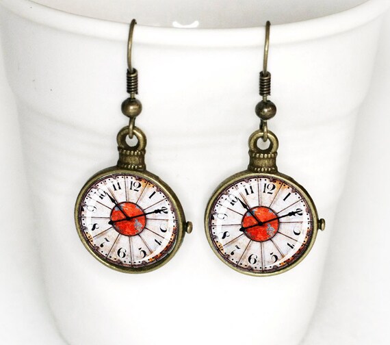 Items similar to Vintage Clock Earrings covered with Glass Cabochon 3/4