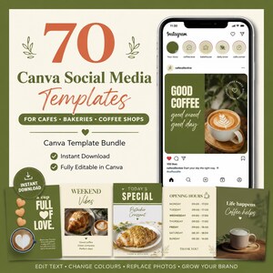 May include: A digital bundle of 70 Canva social media templates for cafes and bakeries. The graphic features large orange text, a smartphone displaying an Instagram feed with coffee imagery, and several sample post designs showcasing pastries and coffee.