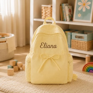 Rugzak met geborduurde naam, gepersonaliseerde nylon tas met strik, school-, crèche- en reisrugzak voor kinderen, verjaardagscadeau voor meisjes