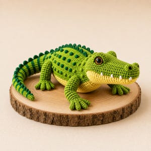Op de afbeelding: Een handgemaakt gehaakt krokodillenspeeltje met een felgroen lichaam, donkergroene textuurschubben op de rug en staart, een lichtgele buik en kleine witte garen tanden. Het wezen heeft grote bruine ogen en vier poten.