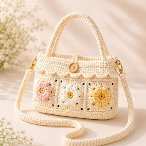May include: A cream-colored crochet handbag featuring three square panels with raised pink, white, and yellow flower motifs. The bag has a scalloped top edge, a single wooden button closure, a sturdy handle, and a detachable shoulder strap with gold hardware.