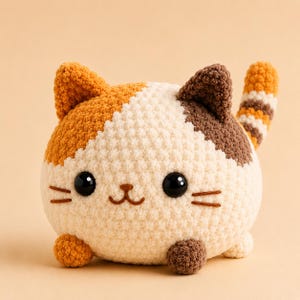 Puede incluir: Un juguete de peluche de gato tejido a ganchillo de forma redonda, con un cuerpo color crema y parches de color naranja y marrón oscuro. Tiene grandes ojos negros brillantes, una pequeña nariz y boca bordadas en marrón y tres bigotes a cada lado.