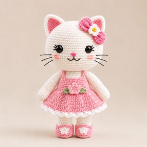 Puede incluir: Una muñeca de gato tejida a ganchillo en color blanco, vestida con un traje rosa con dobladillo festoneado blanco y una flor rosa en la cintura. El gato tiene ojos negros, nariz rosa, mejillas rosadas y un lazo rosa con una flor blanca.