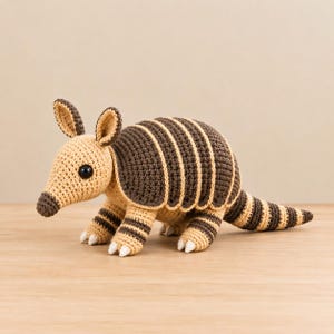 Puede incluir: Un armadillo de ganchillo con cabeza, patas y cola de color beige con rayas de color marrón oscuro. El cuerpo está cubierto por un caparazón segmentado de color marrón oscuro con bordes beige, y la criatura tiene grandes ojos negros y un hocico puntiagudo.