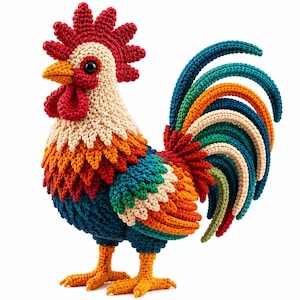 Può includere: Una statuetta di gallo realizzata all'uncinetto a mano con una vivace tavolozza di colori composta da rosso, arancione, giallo, crema, verde acqua e blu scuro. L'uccello presenta una cresta rossa, un becco giallo, occhi neri e una lunga coda.