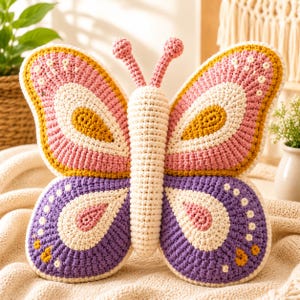 May include: A butterfly-shaped crochet pillow featuring a central cream-colored body and two sets of wings. The upper wings are pink with cream and yellow accents, while the lower wings are purple with cream and pink details. Two small antennae extend from the top.