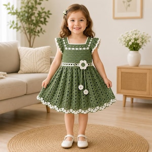May include: A sleeveless olive green crochet dress featuring a square neckline, a white floral trim along the hem and bodice, and a decorative white flower accent at the waist with dangling flower details. The dress has a flared, textured skirt.