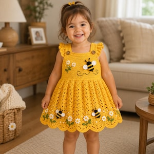 Patrón de ganchillo en PDF para vestido de bebé, vestido de verano con abejas y margaritas, conjunto de verano para recién nacida.