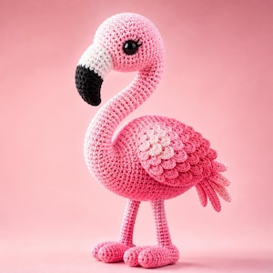 Puede incluir: Un juguete de flamenco tejido a ganchillo hecho a mano con un cuerpo de color rosa brillante, un cuello largo y curvado, y un pico con secciones blancas y negras. Las alas tienen detalles de puntos de ganchillo en capas en tonos de rosa.