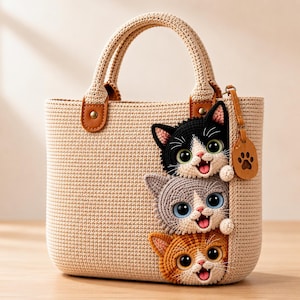 May include: A beige crocheted handbag featuring three stacked cat faces in black, gray, and orange. The bag has brown leather-like handle attachments and a dangling brown leather-like charm with a cutout paw print design on the side.