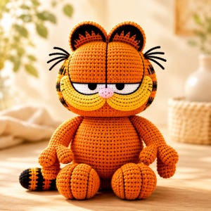 Puede incluir: Un peluche tejido a ganchillo de un gato de dibujos animados con pelaje naranja, rayas negras y un hocico amarillo. El gato tiene una nariz rosa, ojos negros estrechos y bigotes negros. El juguete presenta una cabeza redonda y un cuerpo regordete.