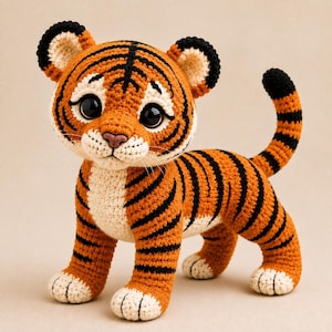 May include: A crocheted tiger toy featuring orange yarn with black stripes, a cream-colored chest and muzzle, large black plastic eyes, a small brown nose, and a long tail with a black tip. The stuffed animal stands on four legs.