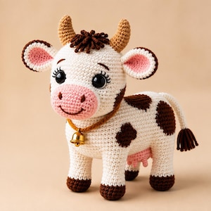 Clover the Cow Amigurumi Virkmönster – Nybörjarvänlig Stående Prickig Ko PDF
