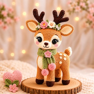 Peut inclure: Une figurine de cerf au crochet avec un corps beige à taches blanches, des bois marron foncé et de grands yeux noirs. Le cerf porte une écharpe verte avec des fleurs roses et une couronne de petites fleurs roses et blanches entre ses bois.