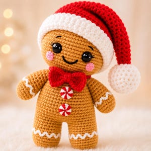 Schema PDF per realizzare un amigurumi di pan di zenzero all'uncinetto, una bambola di Babbo Natale decorativa per Natale.