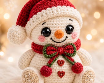 May include: A crocheted snowman doll with a white body, wearing a red hat with a white brim and a red scarf featuring a green-trimmed bow. The snowman has large black eyes, a small orange nose, pink cheeks, and two red heart-shaped buttons.