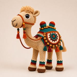 Può includere: Un cammello di peluche lavorato all'uncinetto color beige con una sella dai motivi geometrici color ottanio, arancione e crema, decorata con piccole perline di legno e nappe. Il cammello ha grandi occhi scuri, un ciuffo di pelo e una briglia con perline.