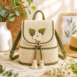 Patrón de mochila de ganchillo Garden Bloom en PDF / Tutorial de mini mochila floral / Bolso con cordón / Descarga instantánea